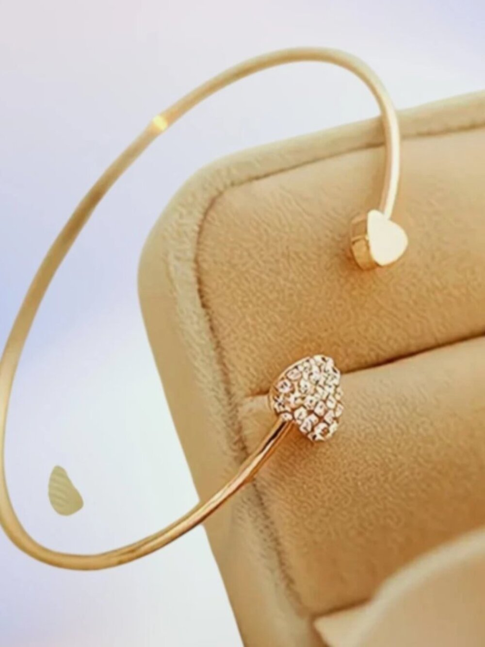 Double Heart Cuff Bracelet Gold Rhinestone Crystal Adjustable Bangle